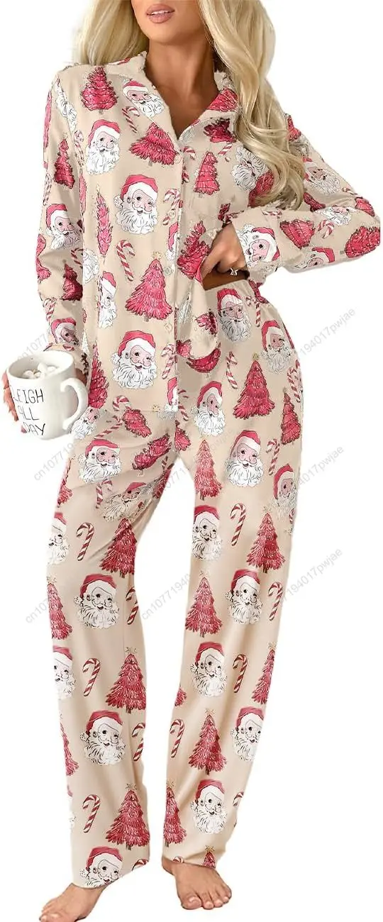

Ecosunny Christmas Santa Pajama Set Women's Long Sleeve Sleepwear Soft Loungewear Two Piece Button Down Pjs Lounge Set
