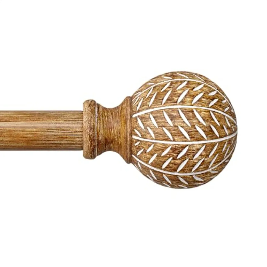 

Wood Curtain Rods for Windows 48 to 84 Inch1'' Diameter Drapery Rods with Imitation Wood Grain Leaf Pattern Finials Boho Adjust