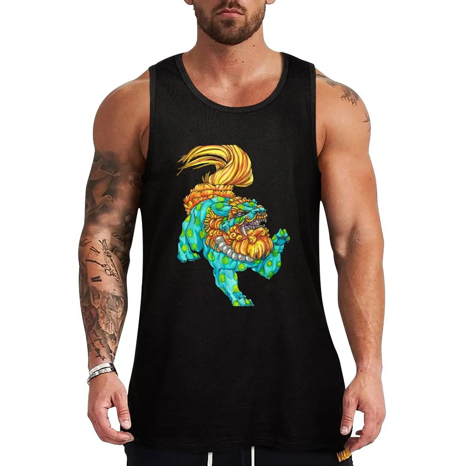 

cherry blossom fu dog Tank Top Casual Loose Tank Top Sleeveless Summer Beach Shirt