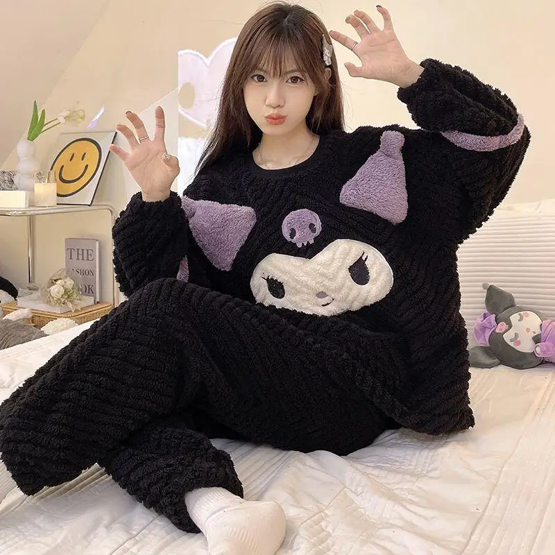 Sanrio nuevo estilo pijamas 2 uds Kuromi Coral franela ropa de hogar Otoño e Invierno franela agregar franela gruesa conjunto Casual caliente