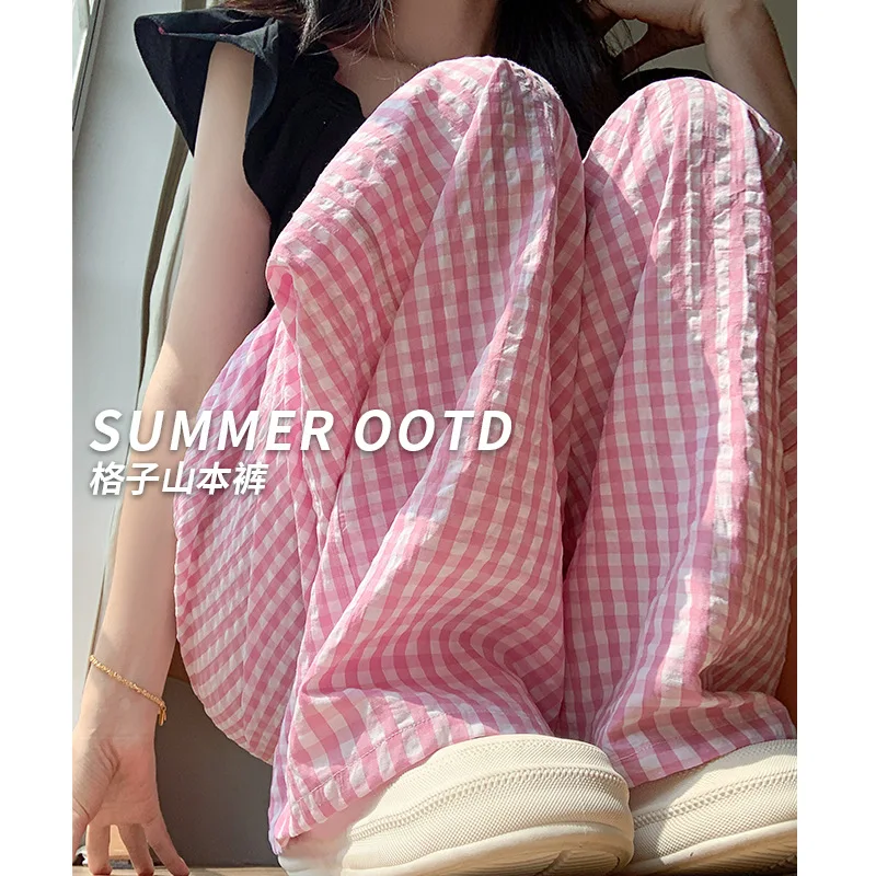 

Винтажные клетчатые брюки, женские летние тонкие драпированные прогулочные брюки с высокой талией, повседневные прямые широкие брюки из ледяного шелка