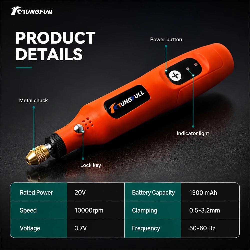 TUNGFULL 3.7V Mini Drill Cordless Rotary Tool USB Rechargeable Engraving Pen Single Speed For Jewelry Wood Craft Polishing