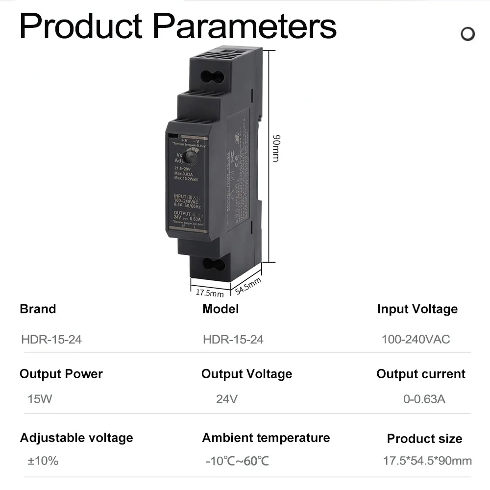 Cloweit DIN Rail Switching Power Supply SMPS 100-240VAC 140-340VDC HDR-15W Voltage12V 24V Current 0-7.1A