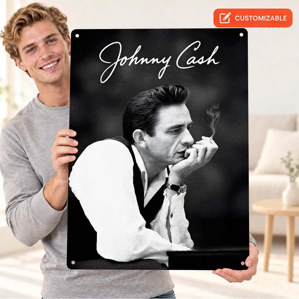 Johnny Cash Portrait Textured Metal Poster Bold Contemporary Illustration Studio Wall Art Customized Aluminum Sign Unique Gift