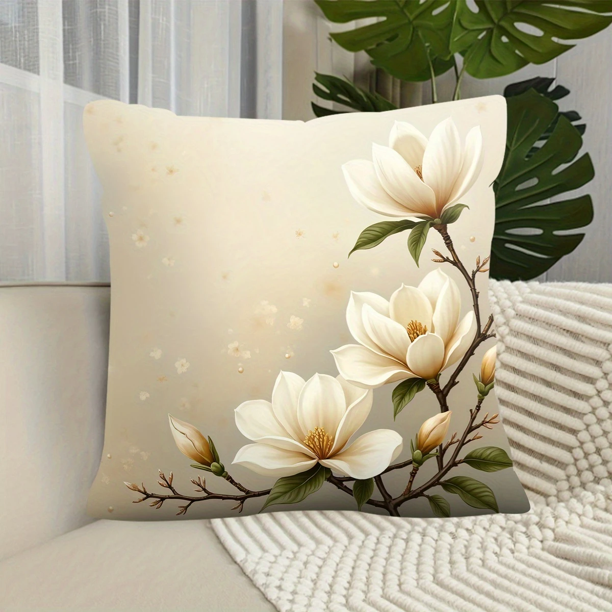 Eleganter Weißer Magnolien-Blumen Kissenbezug Vintage Floraler Botanischer Druck Beiger Kissenbezug für Sofa Bett Couch Boho Wohndekor