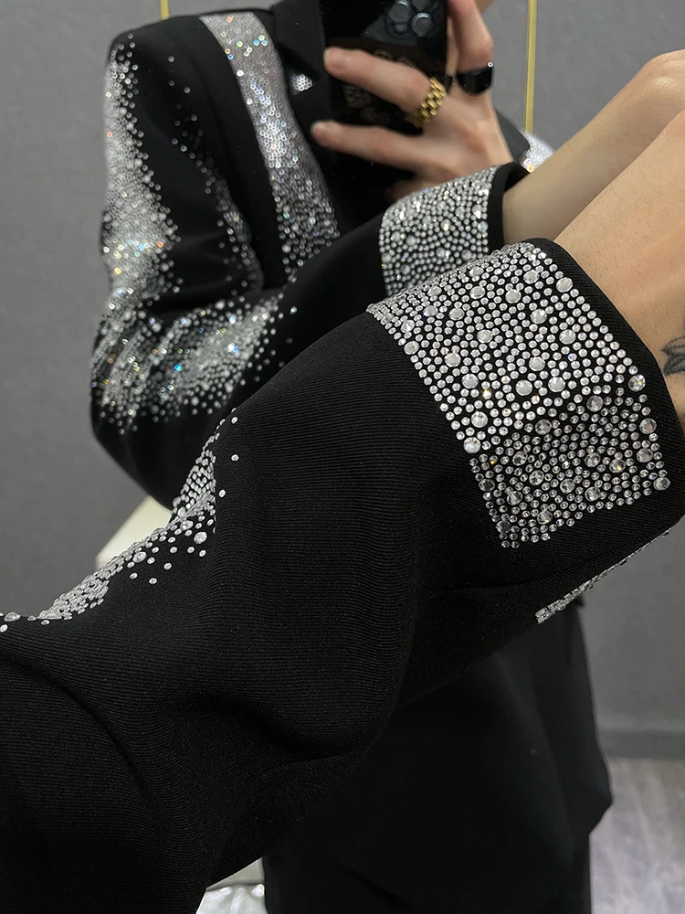 Men's Hot Rhinestone Starry Suit Jackets Handsome Trendy Male Loose Men's High-End Suit Jacket Fashion Long Sleeve Black Blazers