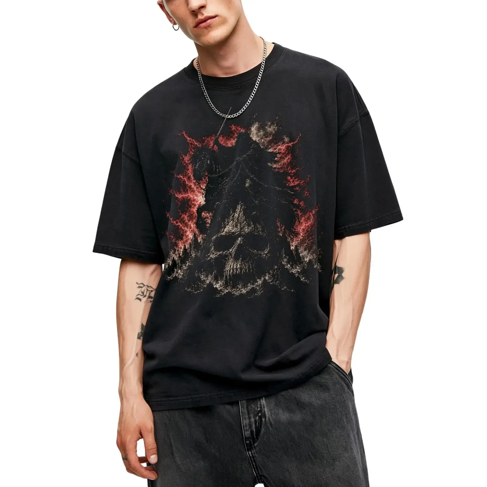 Nazgul Riding Horse Giant Skull Red Lightning Dark Fantasy Heavy Metal T Shirt vintage Washed graphic Breathable Soft Unisex