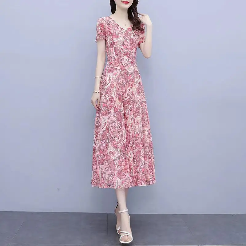 2023 New Summer Fashion Trend Commuting Simple and Elegant V-neck Printed Waist Covering Belly Temperament Women's Long Dress