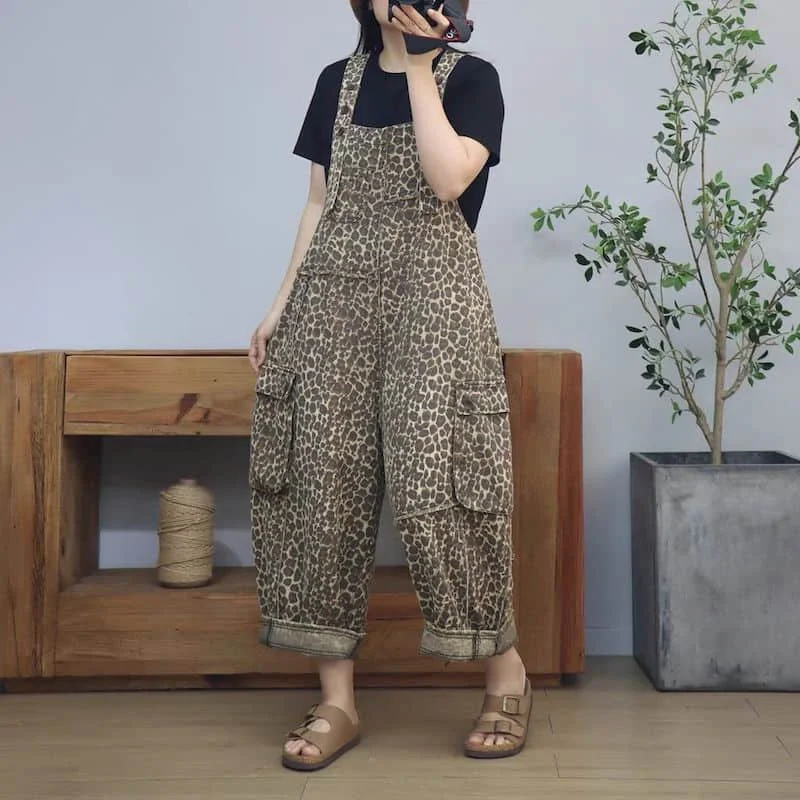 จั๊มสูทเดนิมสำหรับผู้หญิง สไตล์เกาหลี ชุดรอมเปอร์ลำลอง วินเทจ ชุดเพลย์สูท กางเกงขายาวทรงตรง สีตัดกัน ลายเสือดาว เสื้อผ้าผู้หญิง