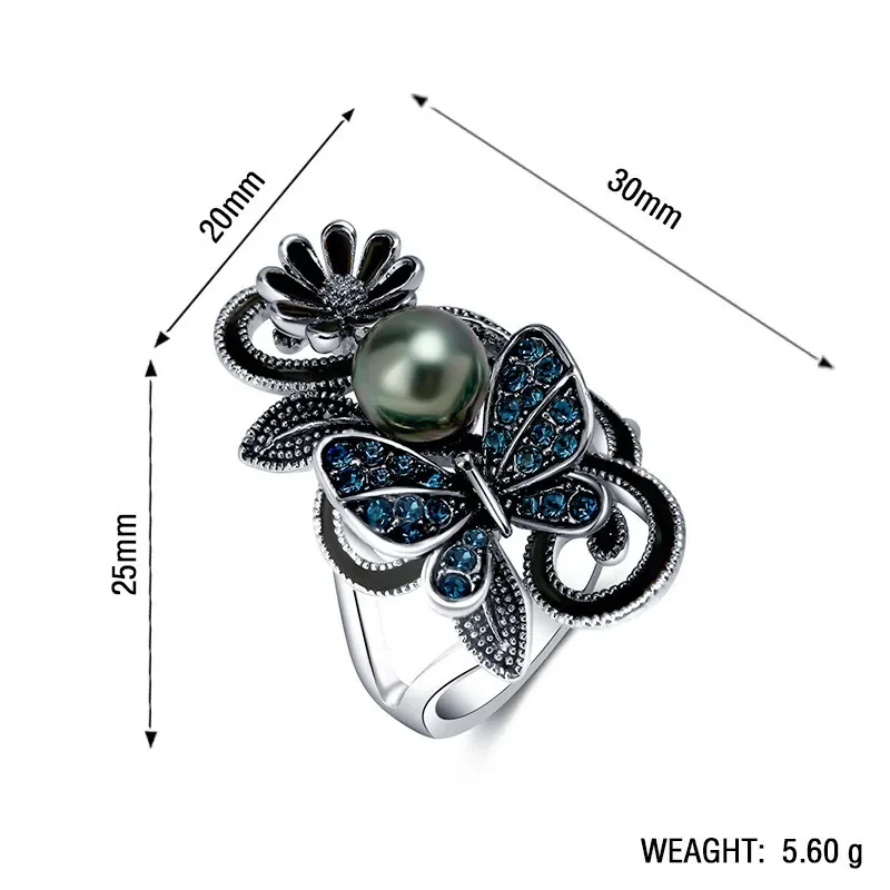 Trendy Ink Blue Pearl Butterfly Crystal Women\'s Ring For Engagement Wedding Jewelry Copper Accessories Rings Wholesale