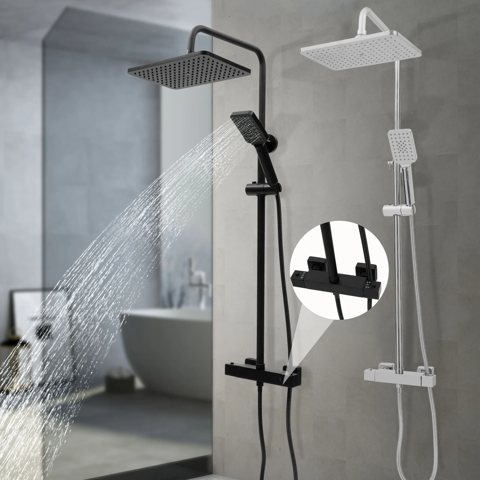 Square Thermostatic Shower Faucet with Shower Set, Bathroom Luxury Rain Shower Faucet Combo Set, Wall Mounted Rainfall Shower He