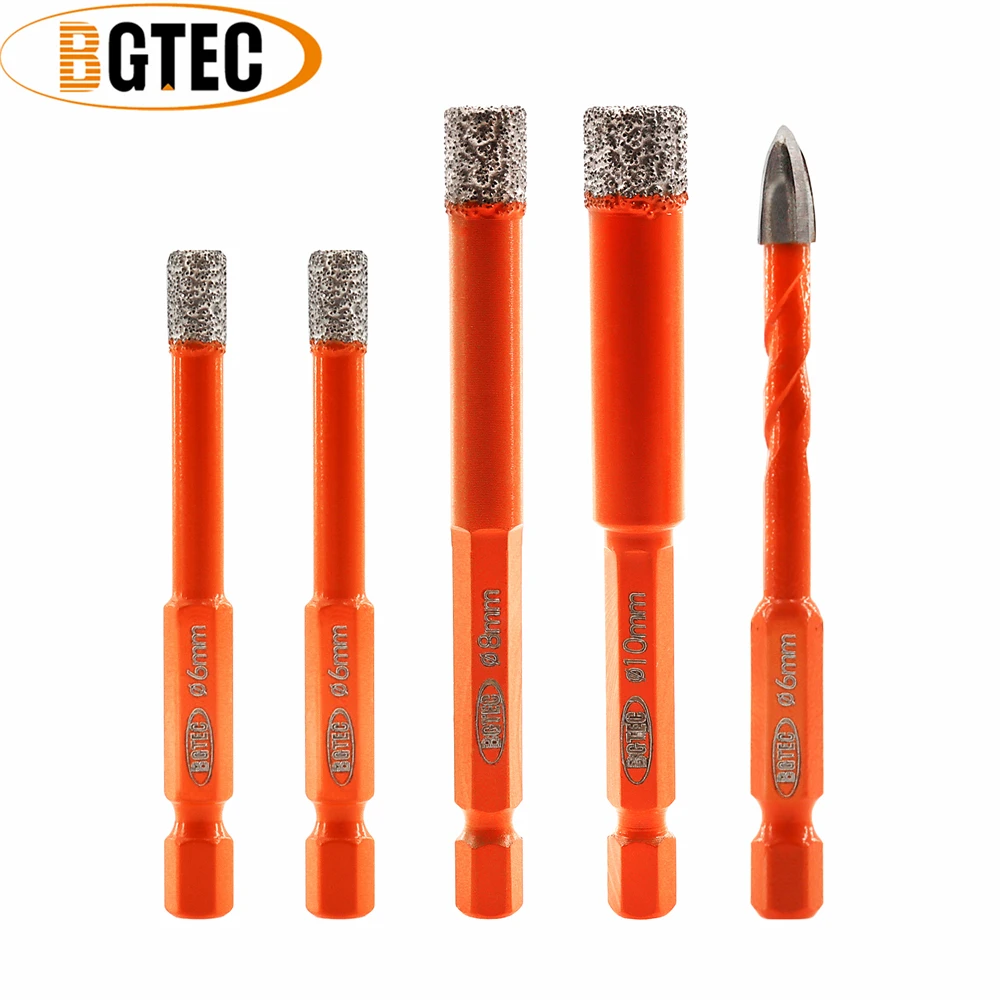 

BGTEC 6/6/8/10mm Diamond Drill Bits+6mm Cross Hole Opener Positioning Hex Quick-Fit Shank Ceramic Marble Drilling Core Bits