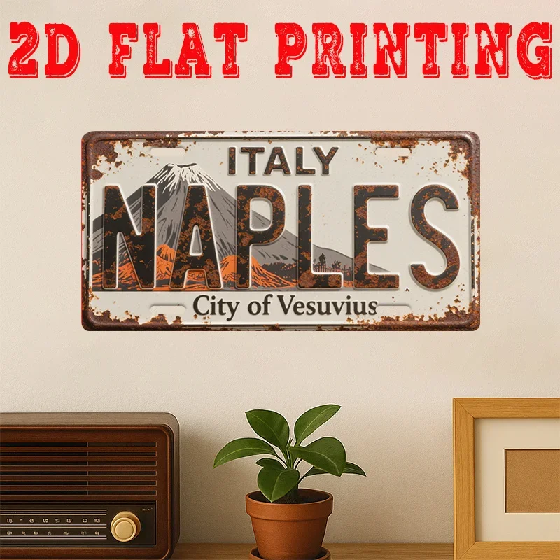 2D Flat, [], 2d Flat Printing, 1pc, Vintage Metal Tin Sign, only for decoration, (29.97 cm * 14.99 cm), Naples City of Vesuvi