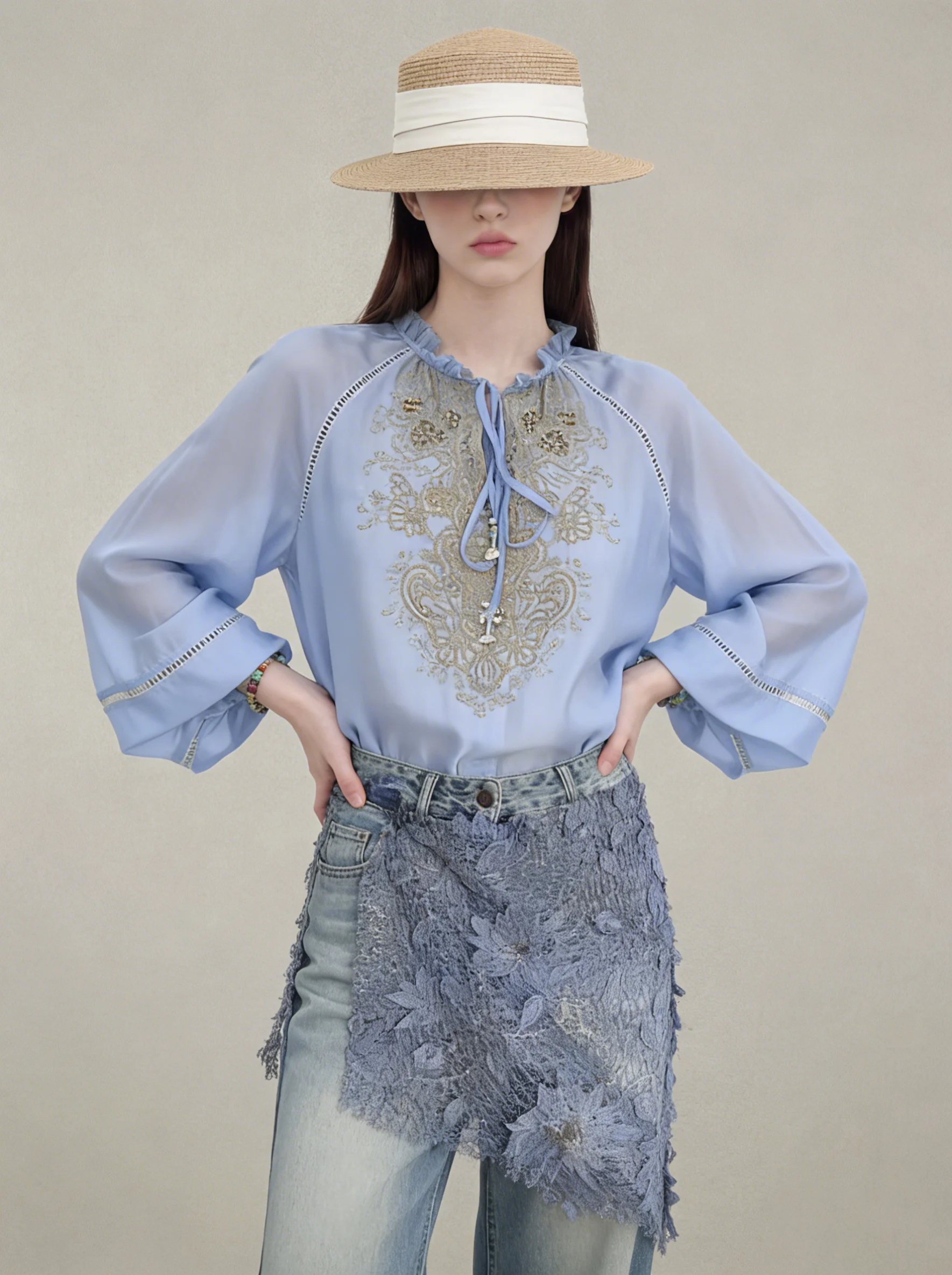 

Retro Blue Embroidered Shirt Lace Curtain Denim Pants Set Women's Unique Beautiful Complete Spring Fashion Casual Style