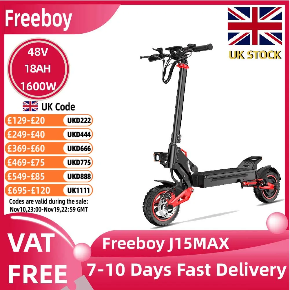 FREEBOY J15max الكبار طوي Escooter 1600 واط سكوتر كهربائي 48V18AH 10 بوصة على الطرق الوعرة الإطارات E-mountain سكوتر