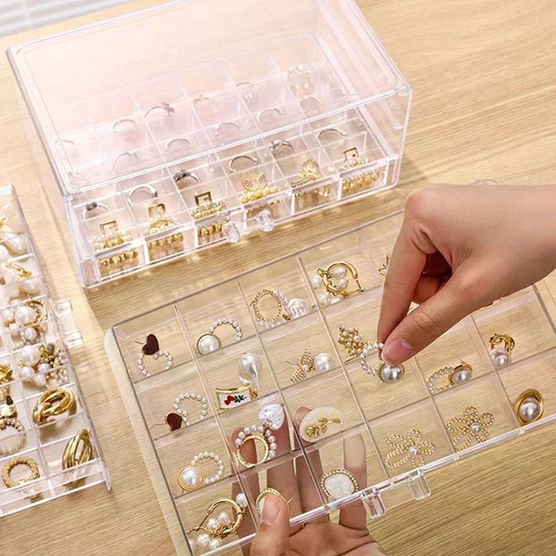 

3 Layer Large Capacity Jewelry Storage Box Desktop Drawer Organizer Dust-proof Case for Rings Earrings Necklaces - 72 Grids
