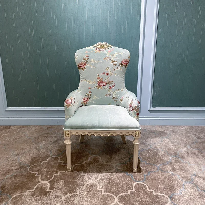 M178 French court solid wood carving flower leisure chair living room single fabric chair soft backrest book chair