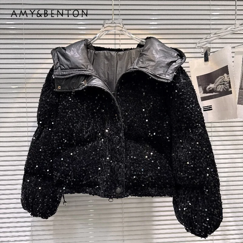 Nowa, specjalna, wytworna kurtka puchowa z cekinami, ocieplana, z kapturem, bawełniana, zimowa, ciepła, z długim rękawem, zapinana na zamek, parki, top, damska