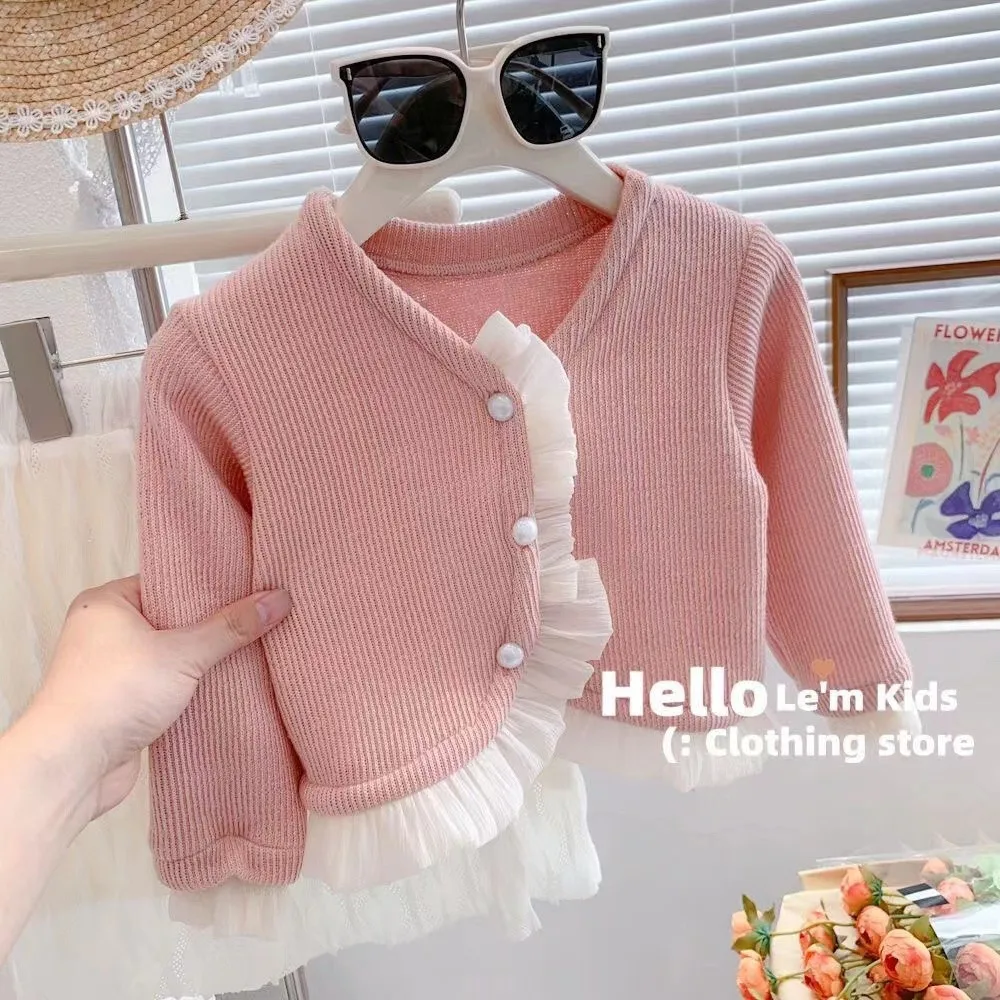 New Style Baby Cardigans for Girls in Spring and Autumn, with A Trendy Candy Color and Sweet Black Fungus Edge Shirts