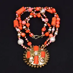 G-G Trendy Cultured White Pearl Pink Coral Necklace Orange Coral Pearl Big Pendant-Jewelry Woman