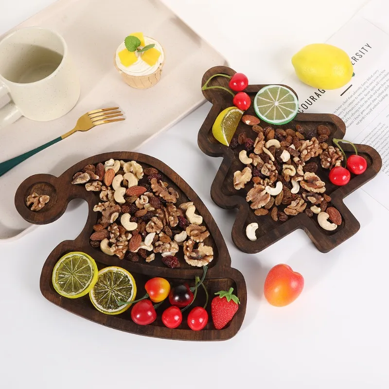 

1Pc 2025 Festive Christmas Tree Serving Tray Wooden Compartment Plate for Dessert Fruit Snacks Holiday Party Dining Home Decor