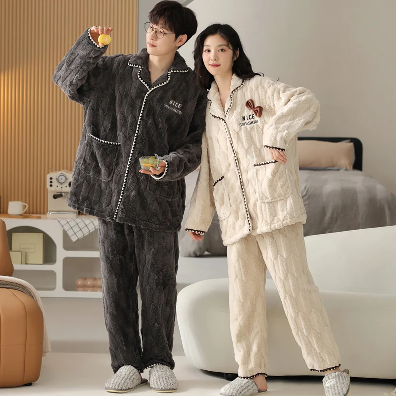 

New Couple Pajamas Set Winter Women and Men Warm Flannel Pijama Lovers Turn-down Collar Sleepwear