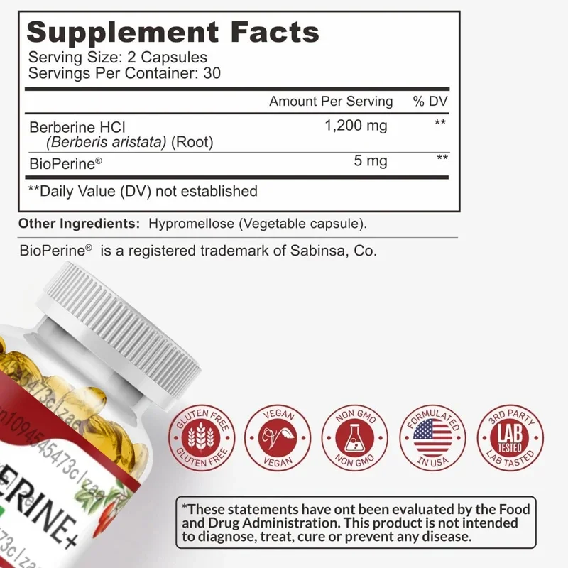 Berberine Supplement 1200mg - Increased Absorption Rate By 5 Times - Ultra Pure 98% Aspartic Acid HCL Immune Support Non GMO
