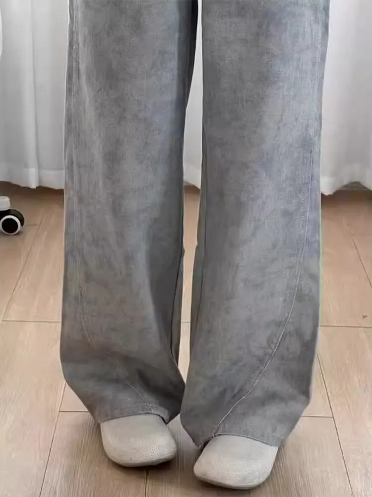 Y2K – jean rétro américain pour femmes, taille haute, jambes larges, imprimé de teinture fine, petit Design, pantalon en Denim droit, été