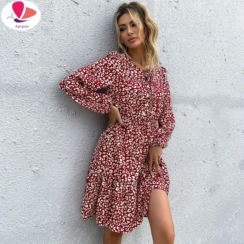 APIPEE Vintage Women Clothing Printed Mini Skirt Round Neck Long Sleeve Vestido Feminino Dresses For Women 2024 Autumn Winter