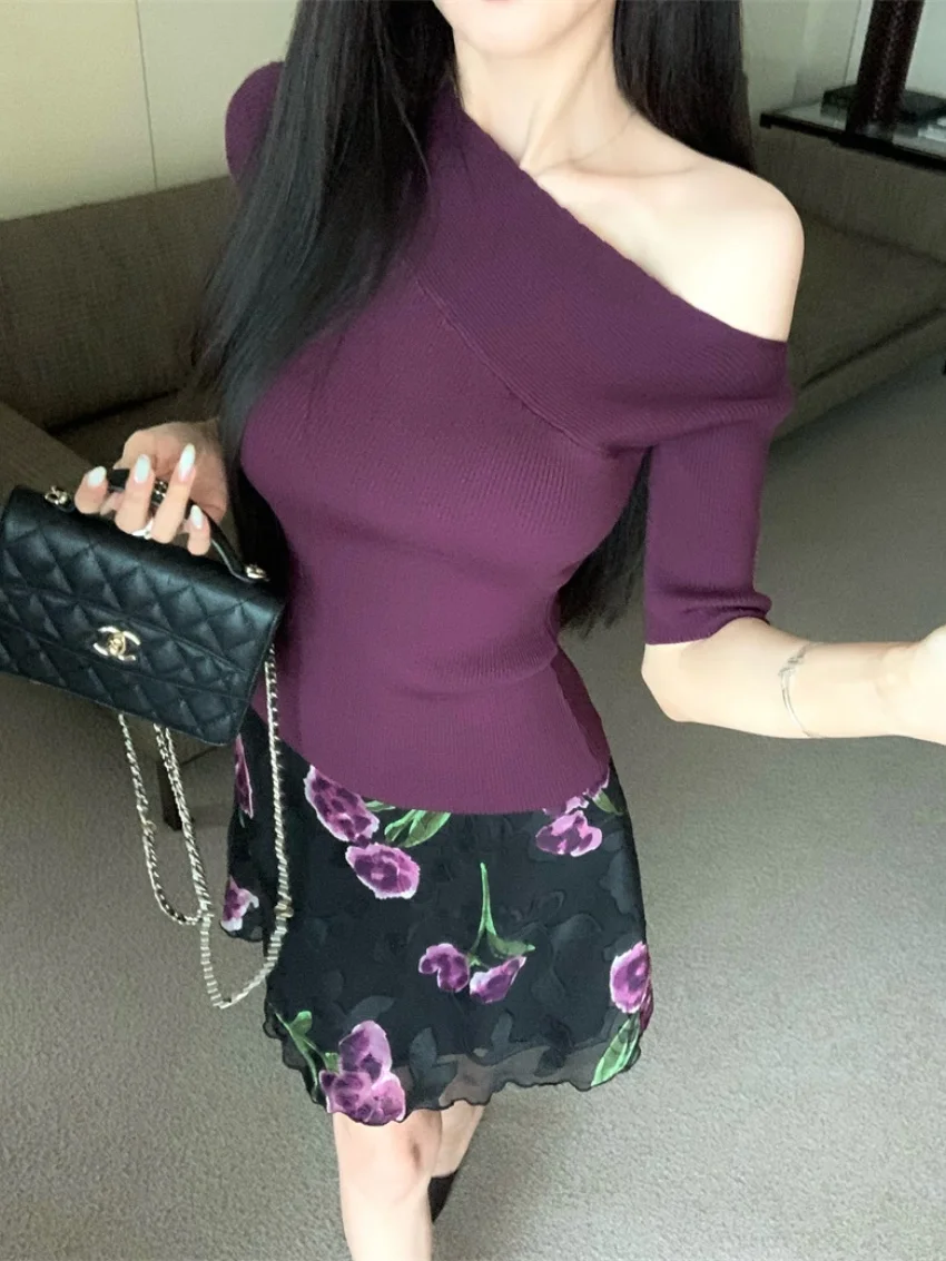 Alien Kitty Retro Florals Mini Skirts Women Sexy New 2025 Summer Knitted Gentle Slim Off Shoulders T-Shirts Casual Streetwear