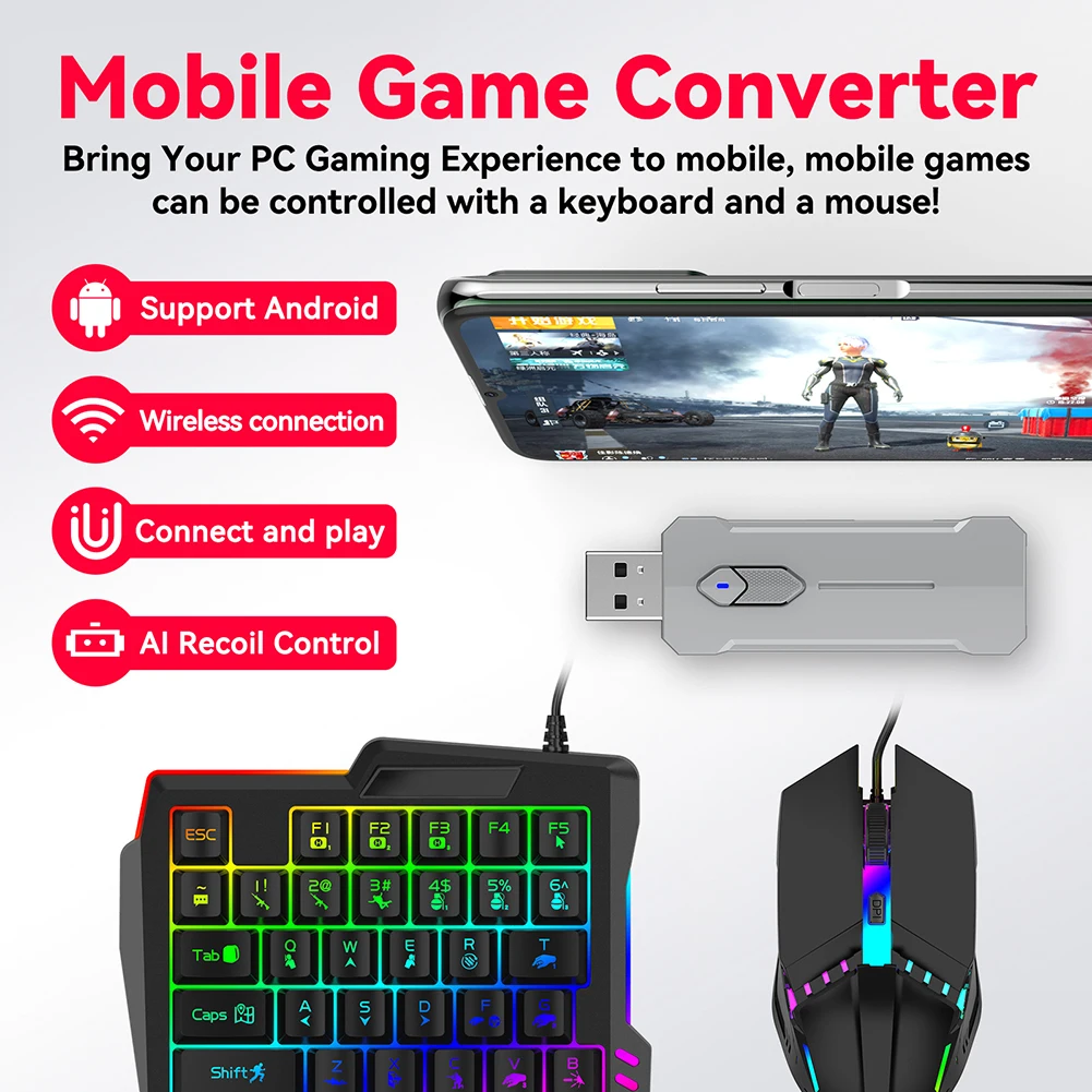 Keyboard Mouse Gaming Converter Bluetooth 5.3 for PUBG Gaming Keyboard and Mouse Combo for Gamer Accessories for iOS Android