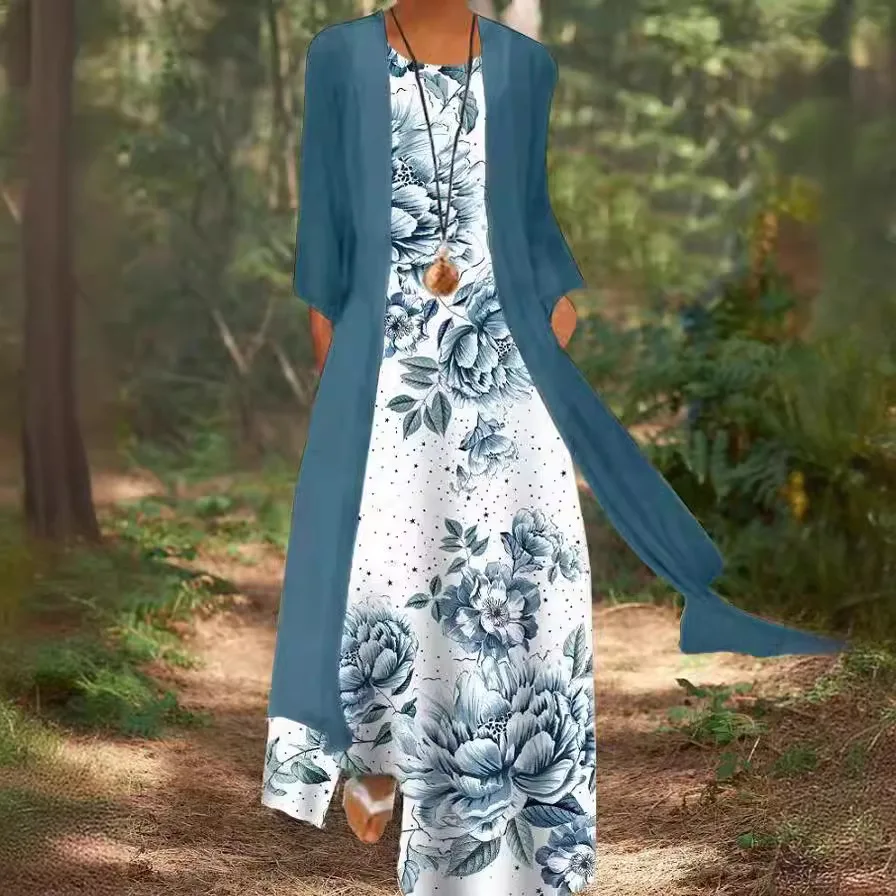 Nuovo set da due pezzi Lady Flower Print Abito lungo senza maniche con cardigan Abiti caldi Donna 2025 Summer Boho Abiti eleganti Cappotto