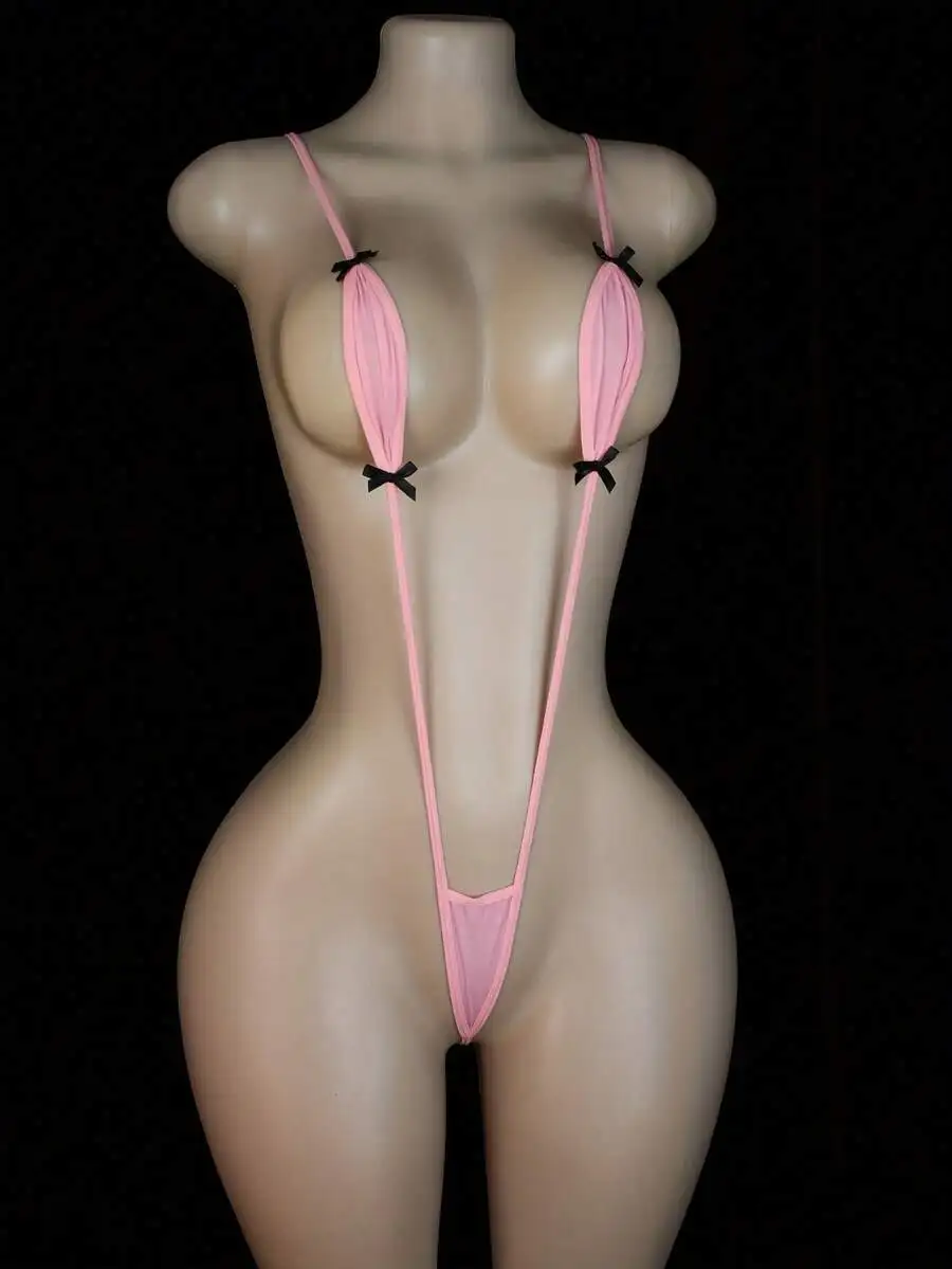 Pink Sexy Thong Lingerie With Bow Details For Women Sleepwear