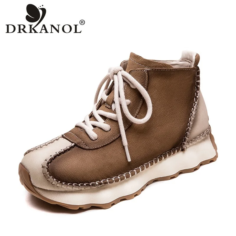 

DRKANOL Handmade Retro Style Women Genuine Leather Boots Lace-Up Flat Platform Casual Ankle Boots Women High Top Casual Shoes