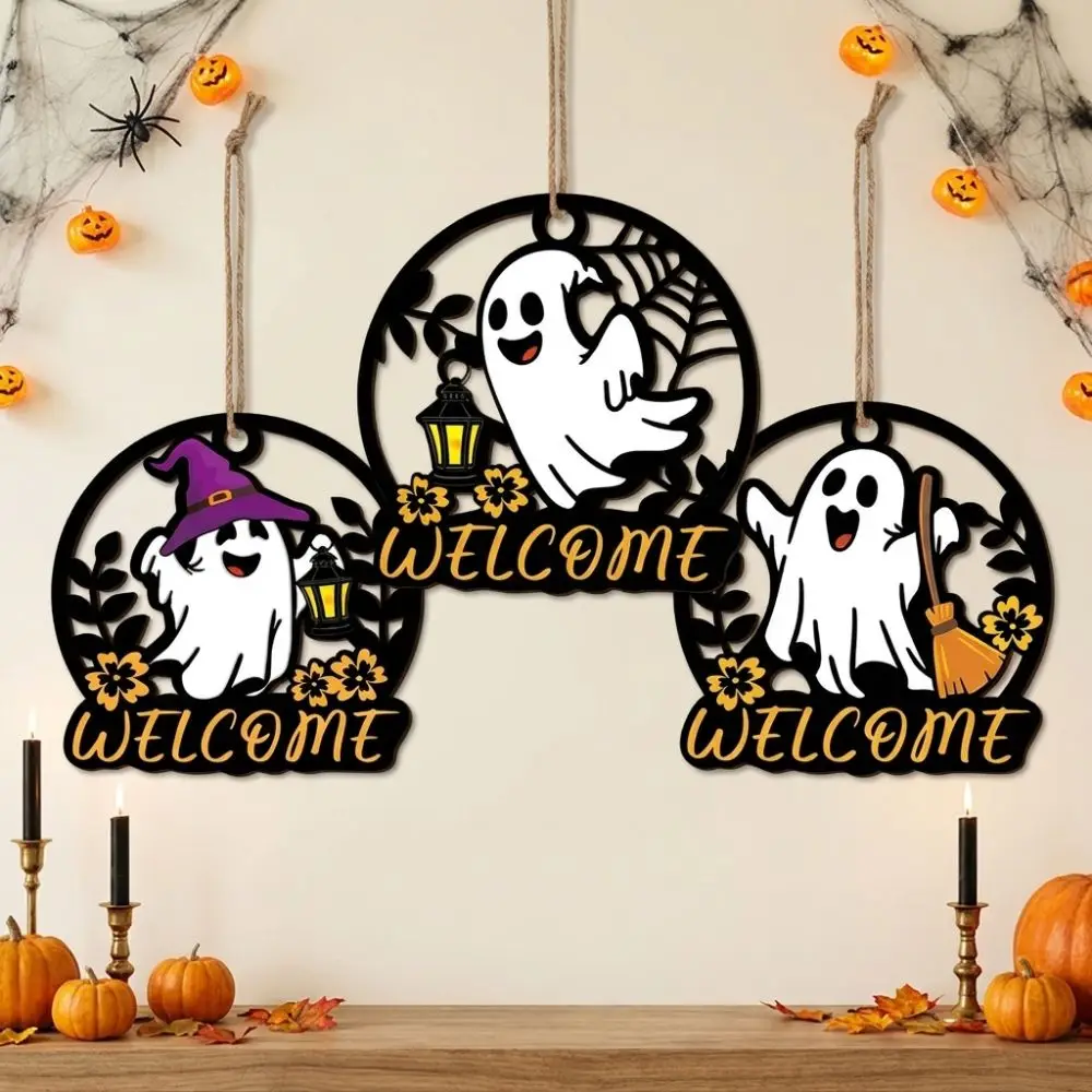 Round Halloween Ghost Door Hanger Cartoon Hollow Out Welcome Wooden Wall Sign Thick Solid Wood with Witch Hat