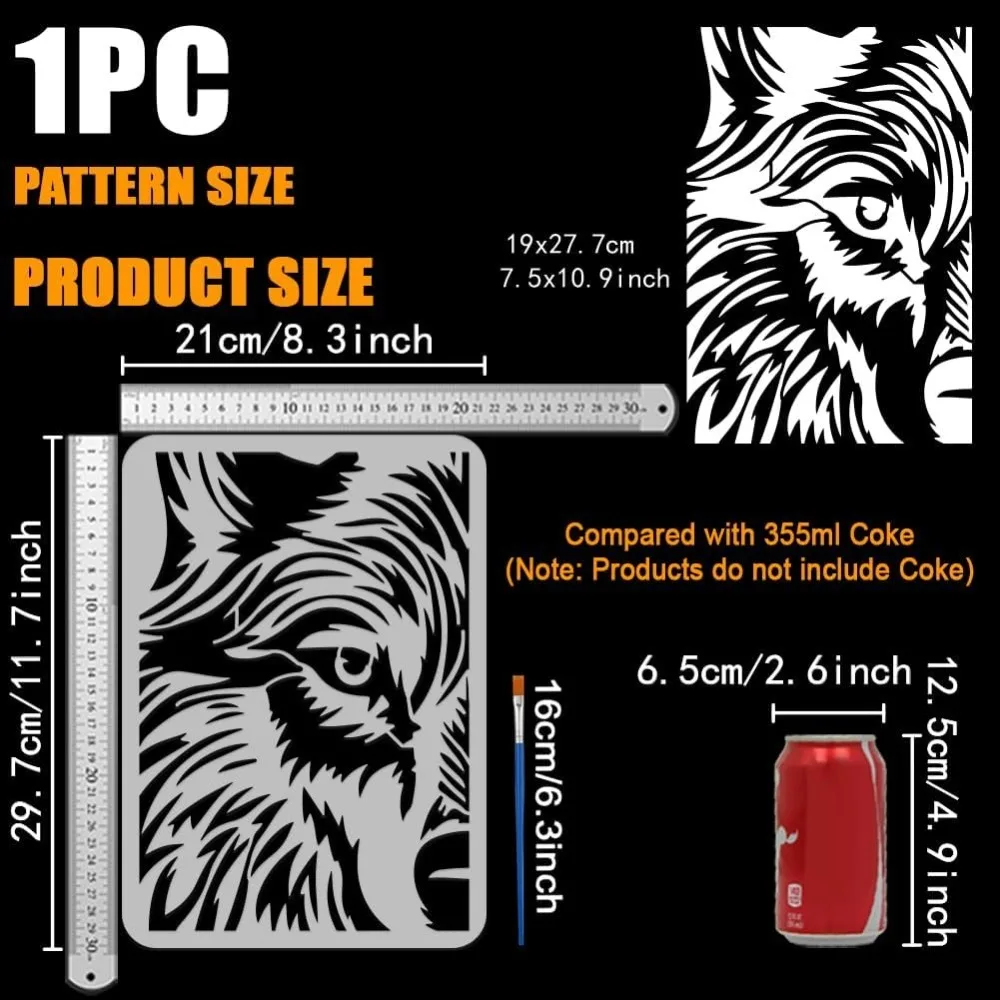 Peeping Wolf Painting Stencil with Brush 8.3x11.7inch Wolf Head Pattern Drawing Template Animal Theme DIY Decoration Stenc