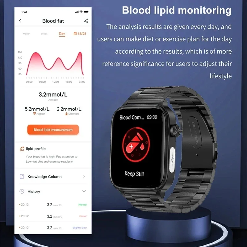 Smart Watch for Men, Health Smartwatch, Diagnóstico Médico AI, Lipídios Sanguíneos, Ácido Úrico, Glicose Sanguínea, Chamada Bluetooth, ECG, PPG,