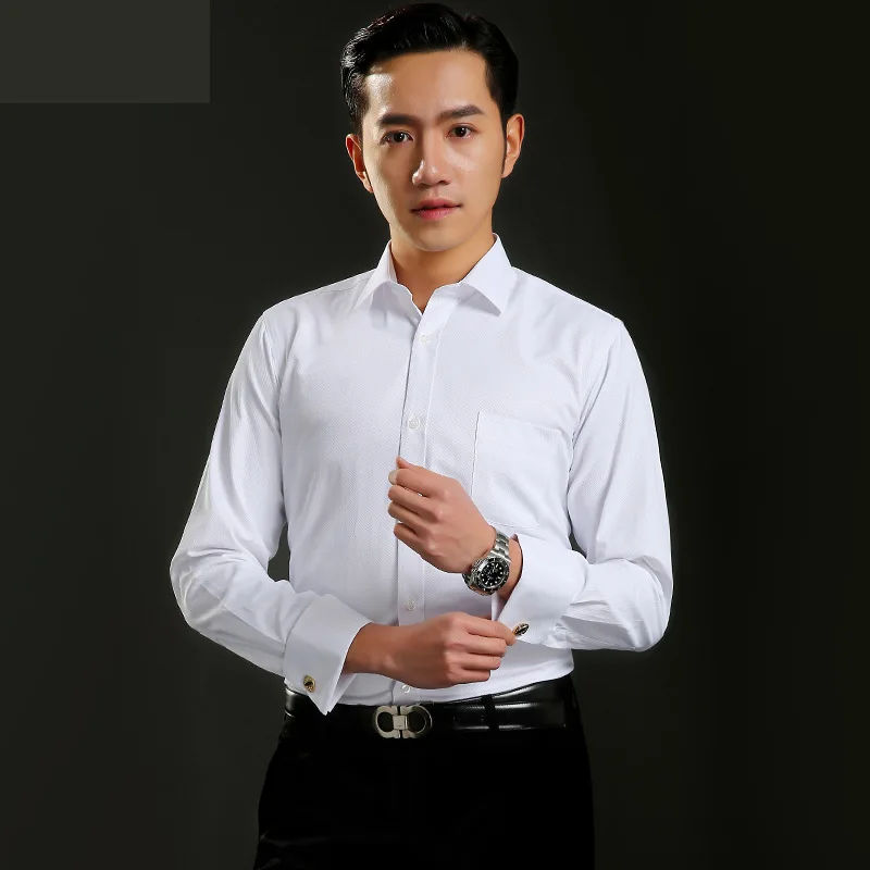 Men\'s Classic French Cuffs Solid Dress Shirt Fly Front Placket Formal Business Standard-fit Long Sleeve Office Work White Shirts