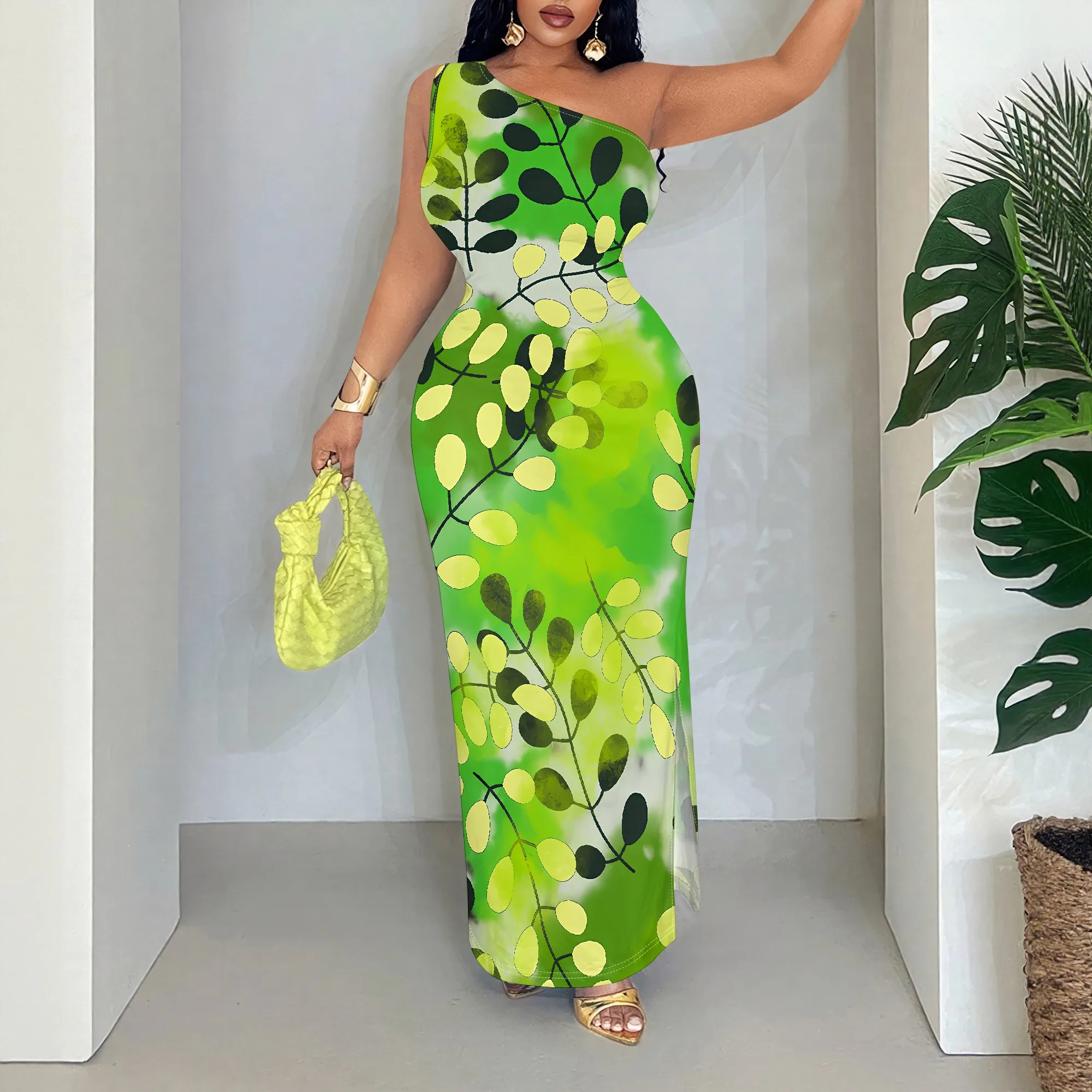 

Green Leaf Print One Shoulder Maxi Dress, Floral Sleeveless Bodycon Gown, Summer Party Club Wear for Women, S-2XL