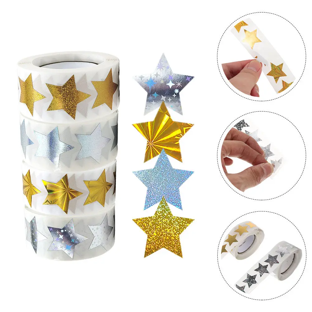 4 Rolls Star Stickers Reward Self Adhesive Coated Paper Star Stickers Shiny Waterproof Classroom Sealing Supplies