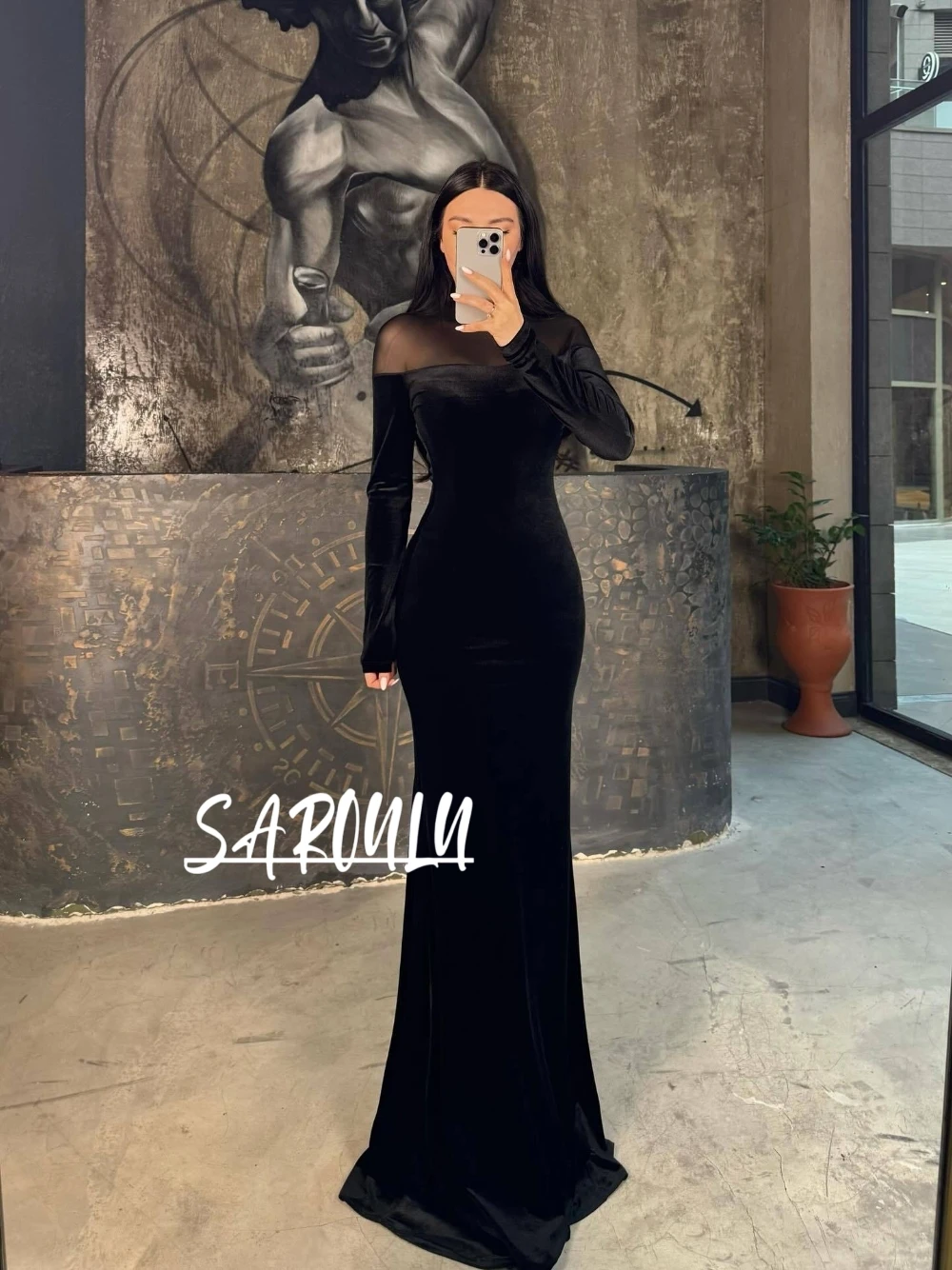 

Slim Fit Black Velvet Evening Dress Fashionable Long Sleeves New Arrival Formal Occasions Women Prom Party Gown High Quality