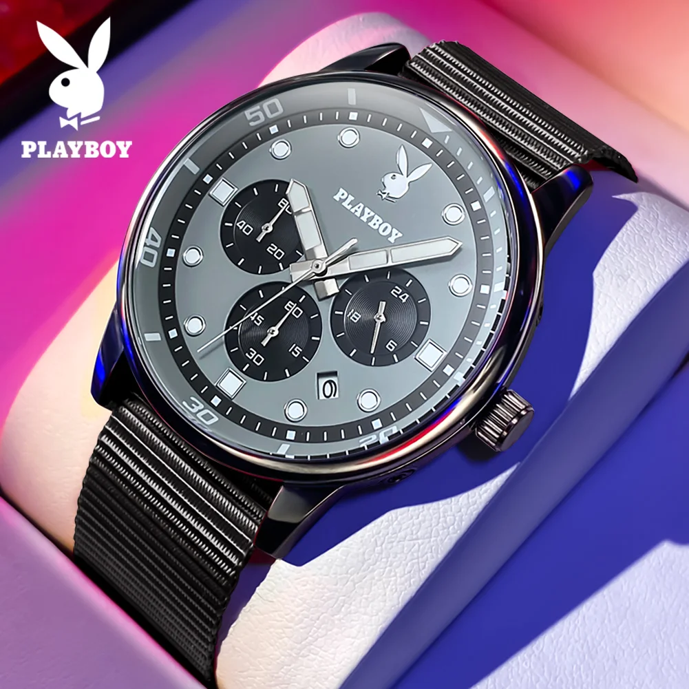 PLAYBOY Quartz Watches Nylon Watchstrap Casual Fashion Sports Man Watch Original Brand Chronograph Waterproof Men's Watches 3072