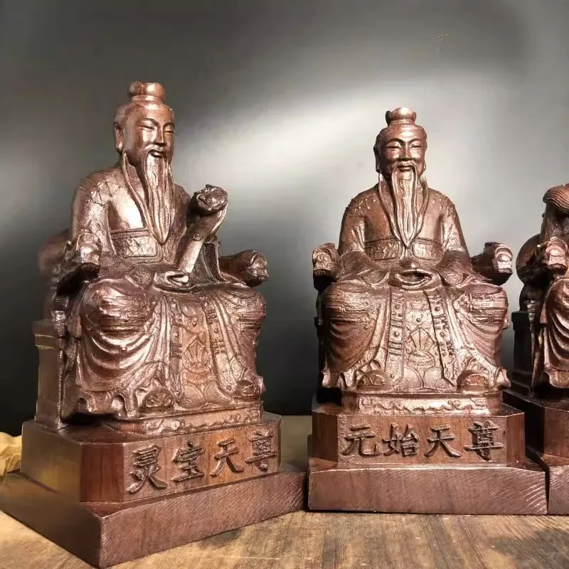 Hand Carved Vietnam Wood San Qing Statue Set (3pcs) - Three Pure Ones Taoist Deity Figurine Ornament Home Temple Altar Decor