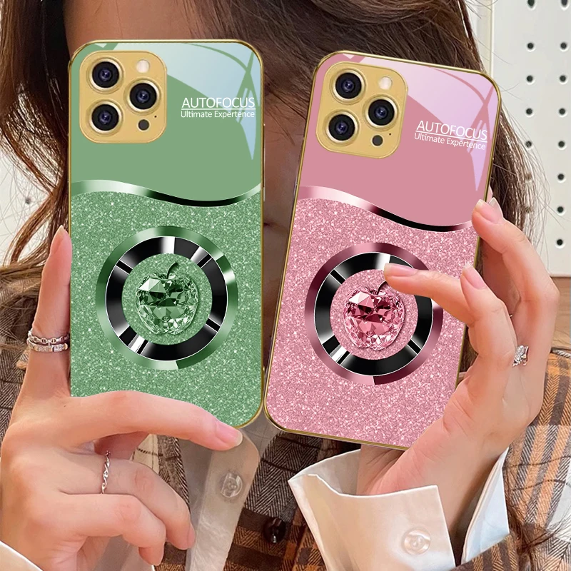 Кристально-фиолетовый Apple для iPhone 16 16 Pro Max 15 P ro 14 13 Plus 12 Mini 11 Pro Max XS Max XR Золотой чехол для телефона из закаленного стекла