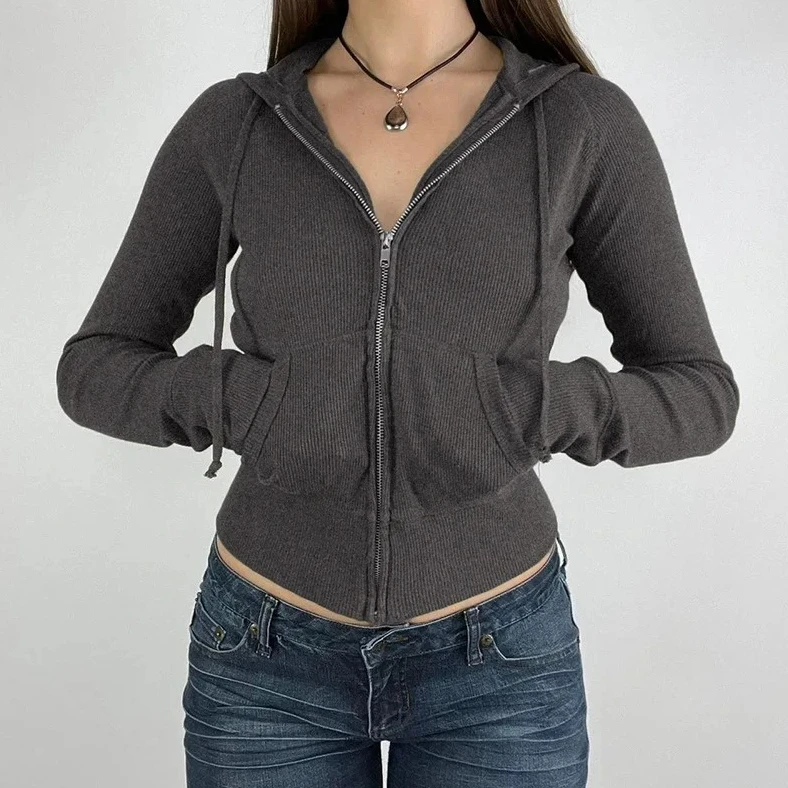 سويت شيرت بقلنسوة مضلع بسحاب للنساء للخريف معاطف كاجوال بأكمام كاملة ملابس نسائية عتيقة #4