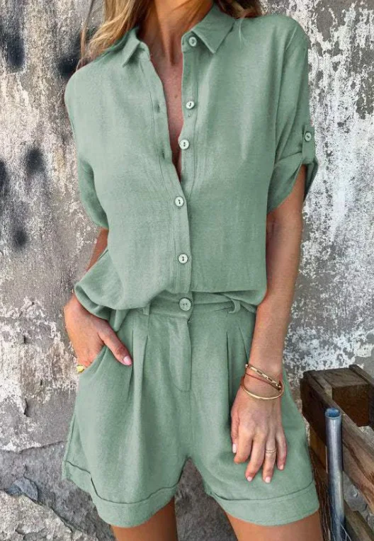 Casual Clothing Cotton Linen Blouse Shorts Set Solid Loose Short Sleeve Top Two-piece Set Fashion