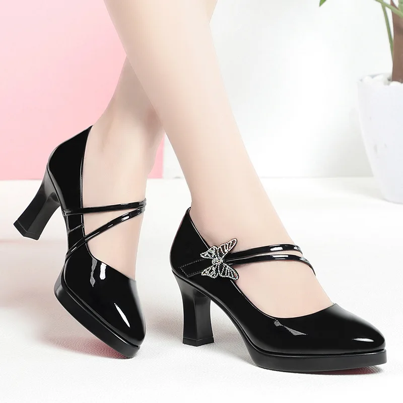 2024 New Fashion Platform High Heels Women Round Toe Black Pu Leather Square Heel Pumps for Party Dress Lady Shoes Zapatos Mujer