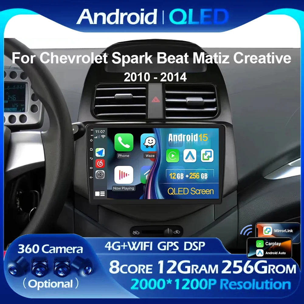 Wireless Carplay Android 16 For Chevrolet Spark Beat Matiz Creative 2009-2016 Car Radio  Multimedia Player GPS 5G Wifi Display