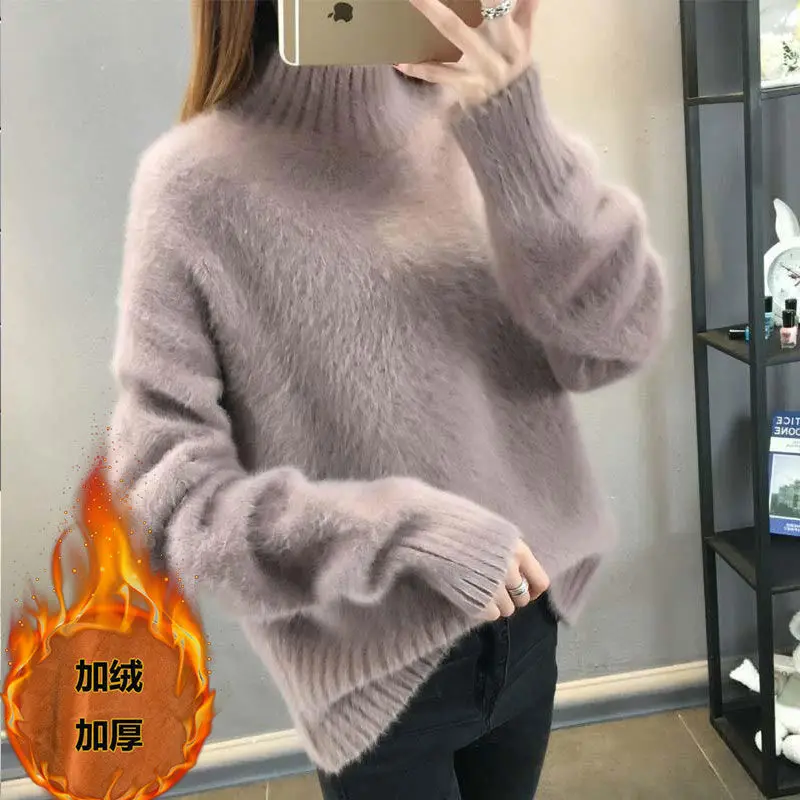 

2025 Autumn Winter New Thick Warm Loose Pullover Tops Women's Non-Shedding Sweater Solid Casual Versatile Bottoming Shirt