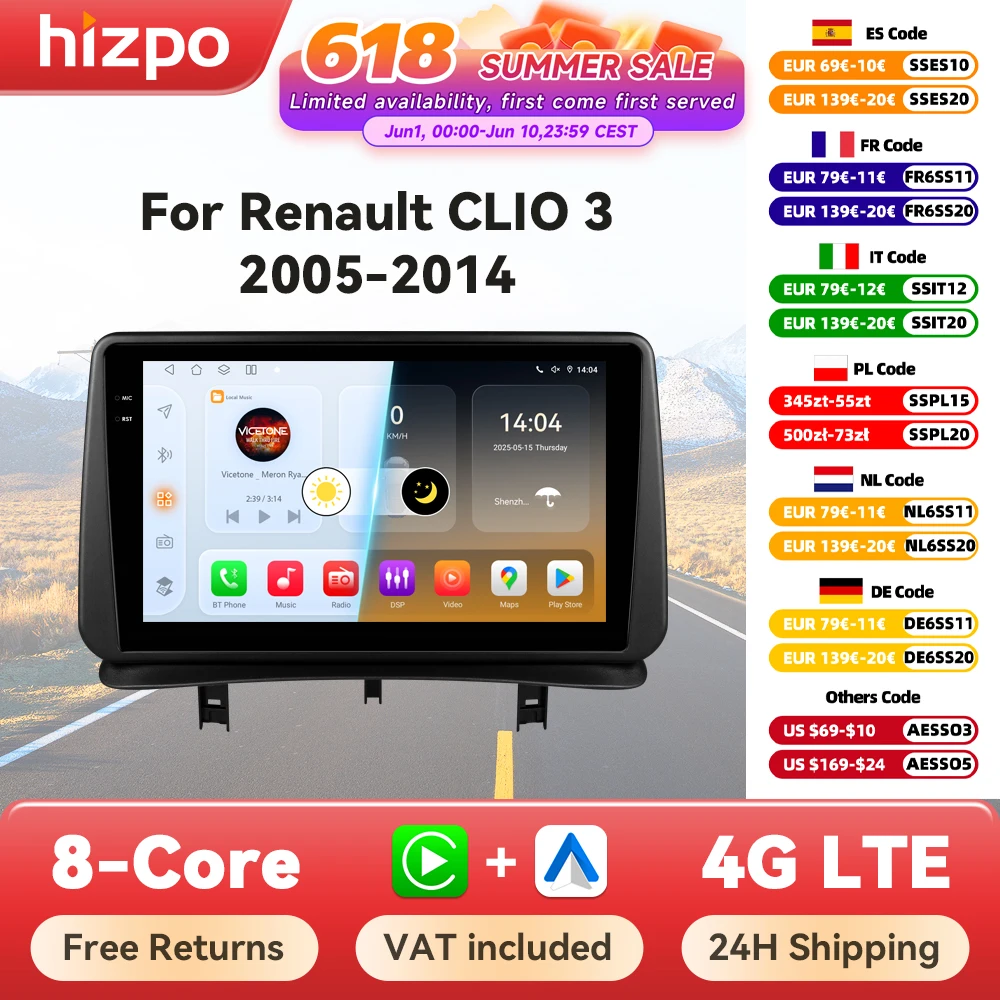 Hizpo Autoradio Autoradio pour Renault Clio 3 2005 2006 2007-2014 lecteur multimédia sans fil CarPlay Android Auto stéréo GPS 4G